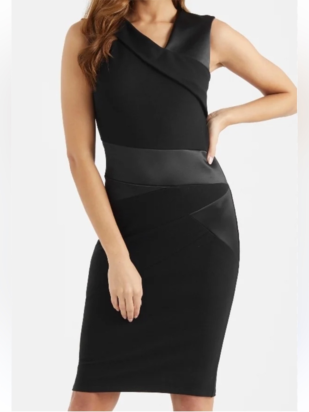 WHITE HOUSE BLACK MARKET Satin Blocked Sheath Vneck Sleeveless Black Dress SZ 10